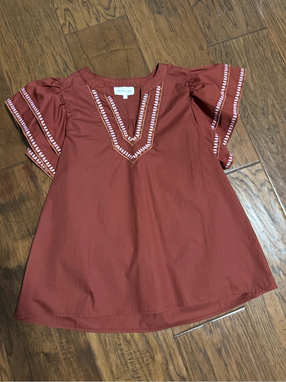 entro Rust Embroidered Flutter Sleeve Blouse